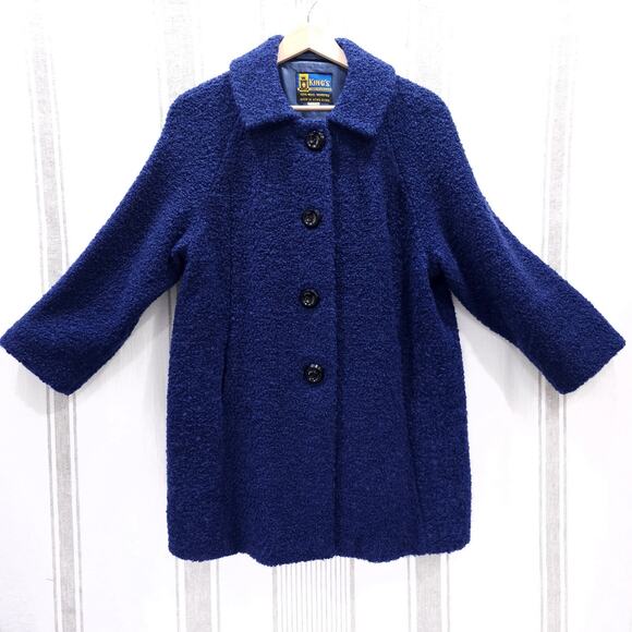 VINTAGE 60s Wool Coat Womens Large Royal Blue Boucle Mod Squad Twee‎ Jackie O - Picture 3 of 10